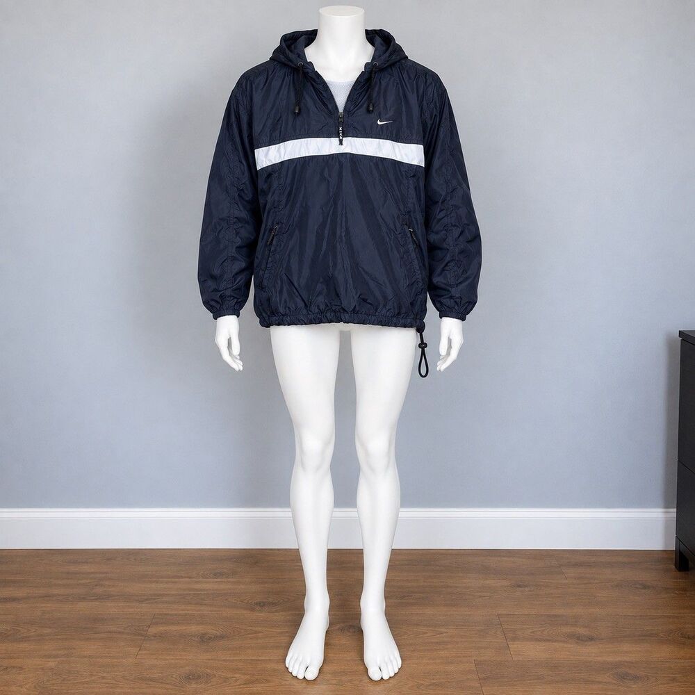 Vintage Nike Windbreaker Womens M 8-10 Navy White Hooded Pullover 90s Swoosh